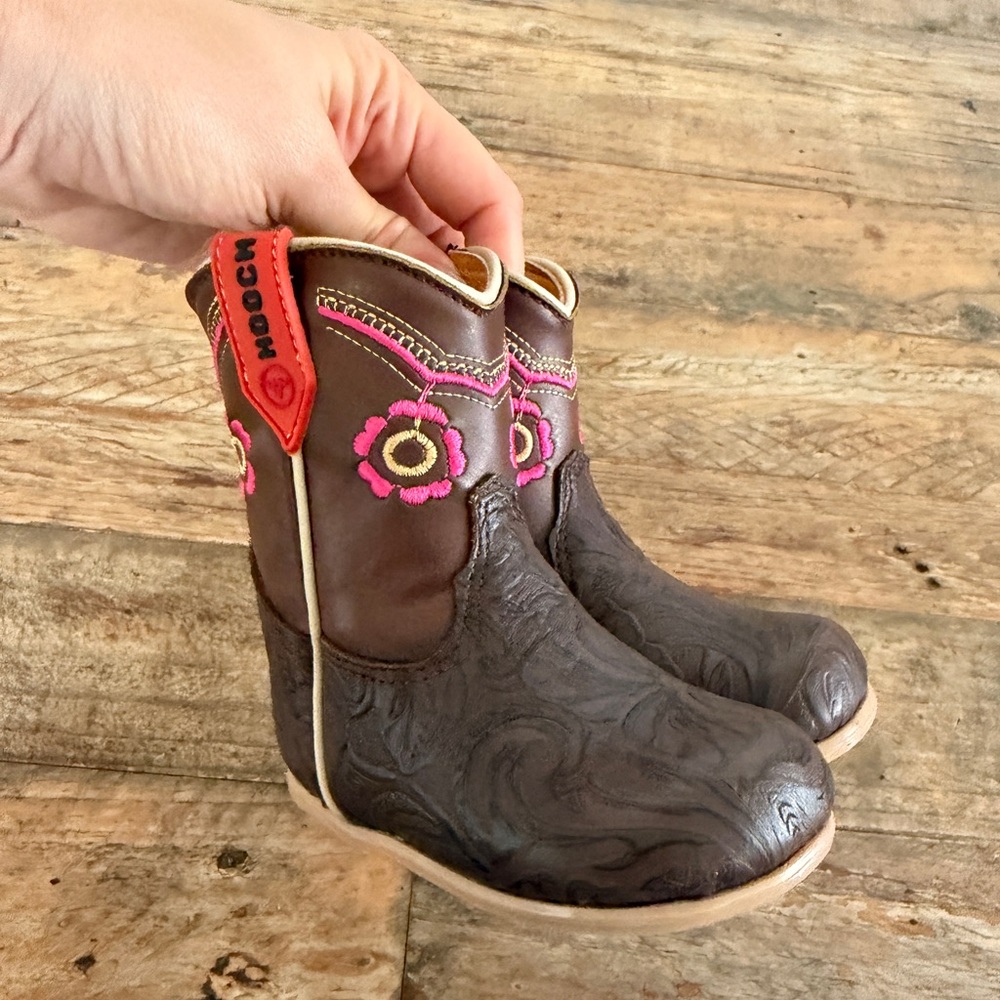 Brown Leather Kids Cowboy Boots with Pink Floral Embroidery